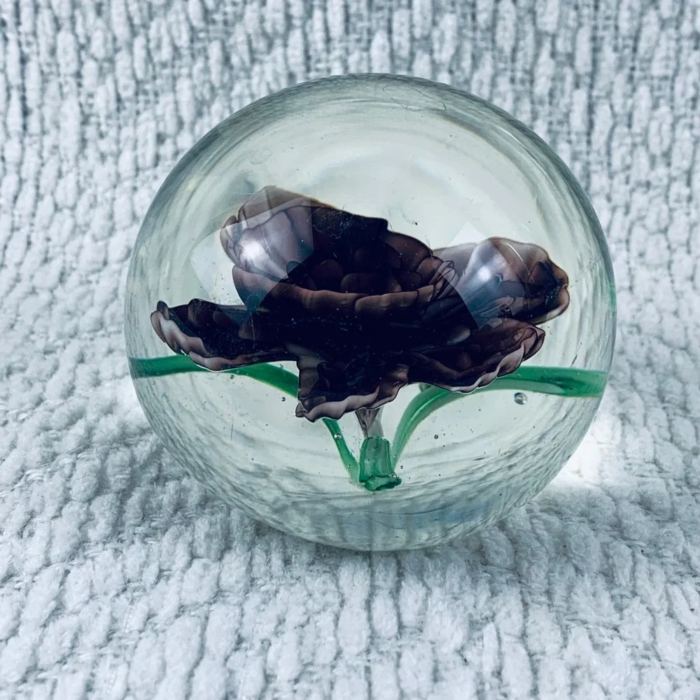 Vintage Glass Art Paperweight Encased Purple Iris Rose‎ Flower Floral Green Stem - Picture 2 of 8